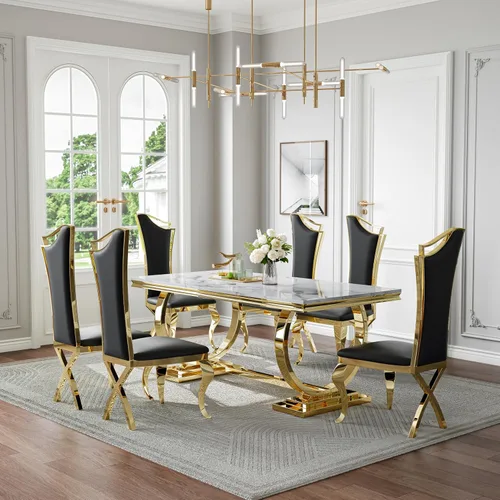 Miniatura 54 de Juego de mesa de comedor de mármol de 70 pulgadas para 6, mesa de cocina grande y sillas de cuero negro, mesas de comedor modernas negras y doradas