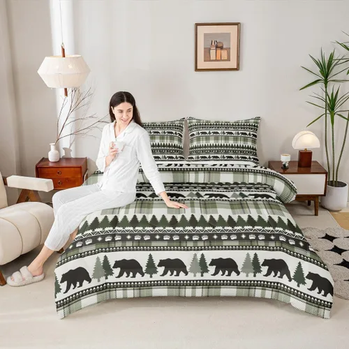 Juego de edredón con siluetas de oso para niños, tamaño individual, decoración de Navidad para niños y niñas, adultos, edredón de plumón de pinos,