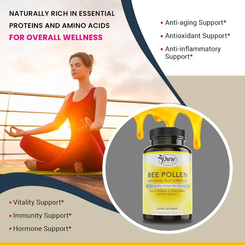 Miniatura 4 de Pure By Nature Suplemento de polen de abeja con propóleo y jalea real para apoyo inmunológico, propiedades antioxidantes, 120 cápsulas vegetarianas