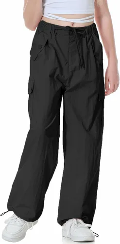 Miniatura 7 de Rolanko Pantalones de paracaídas para niñas, pantalones cargo Y2K con bolsillos, pantalones deportivos Harajuku para niños de 4 a 14 años