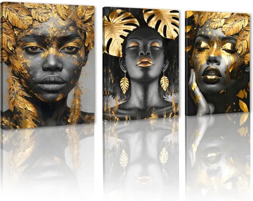 Miniatura 66 de MAMAGO Lienzo decorativo para pared, pintura de belleza dorada y negra, fotos de mujeres africanas, hermosos pósteres de mujer negra, impresiones