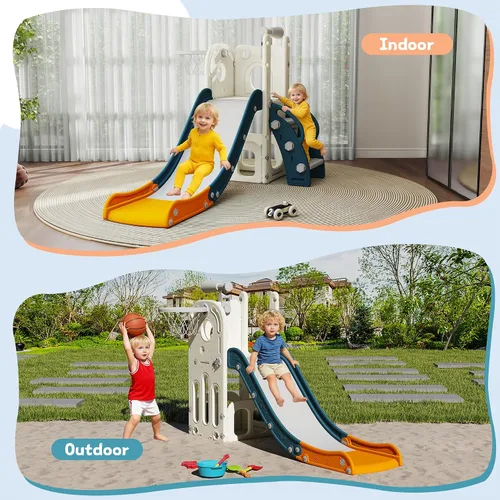 Miniatura 8 de Tobogán 6 en 1 para niños pequeños, deslizador para niños de 1 a 3 años, conjunto de juegos de interior y exterior con aro de baloncesto