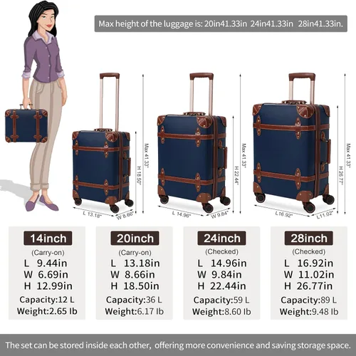 Miniatura 7 de NZBZ Juego de 2 piezas de equipaje vintage, maleta giratoria ligera y rígida con cerradura TSA y 8 ruedas, Azul marino, 14inch & 28inch, Equipaje