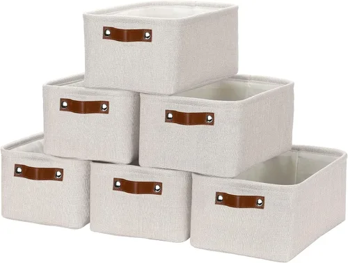 Miniatura 29 de HNZIGE Cestas organizadoras grandes de tela (3 unidades), canastas decorativas plegables con asas de cuero (crema, 15 x 11 x 9.5 pulgadas)