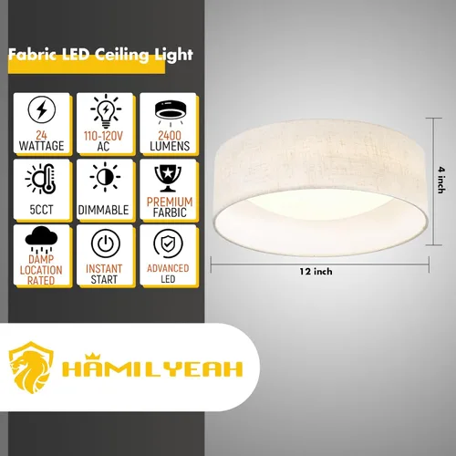 Miniatura 2 de Hamilyeah Lámpara de techo LED de montaje empotrado con pantalla de tela, accesorio de iluminación de cocina de 12 pulgadas, montaje de techo 5CCT