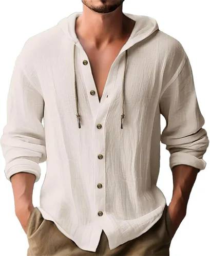 Miniatura 20 de Camisas de manga larga con botones para hombre, camisa con capucha a rayas verticales, casual, para vacaciones, verano, ligera, con cordón Z21