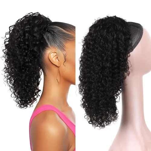 Miniatura 9 de Extensión de cola de caballo de cabello humano de 12 pulgadas con cordón rizado profundo para mujeres negras, extensión rizada 3C, color negro