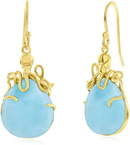 Miniatura 26 de Beaux Bijoux Aretes de plata de ley azul larimar para mujer, joyería natural de larimar, diseño de animales marinos, pez de pulpo de tortuga