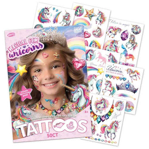 50 tatuajes temporales de unicornio con gemas mágicas: tinta segura para la piel, ideal para fiestas de cumpleaños, regalos para niños y niñas de 4