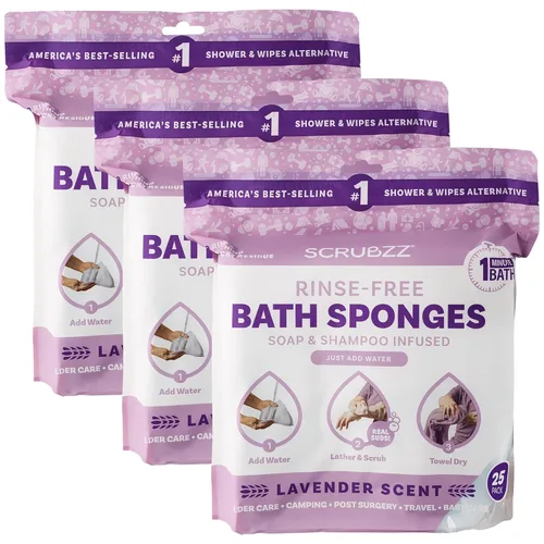 Scrubzz - Toallitas de baño desechables, sin enjuague, todo en 1, un solo uso, humedécelas, haz espuma y seca sin champú ni enjuagar (lavanda, 3