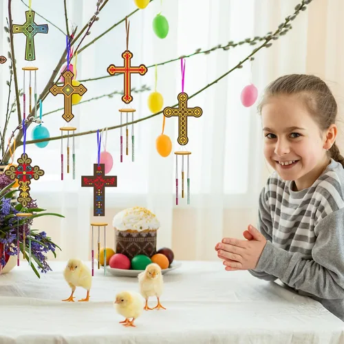 Miniatura 5 de Fennoral Paquete de 9 carillones de viento cruzados para niños, hazte dueño de la escuela dominical, manualidades para niños de madera para pintar