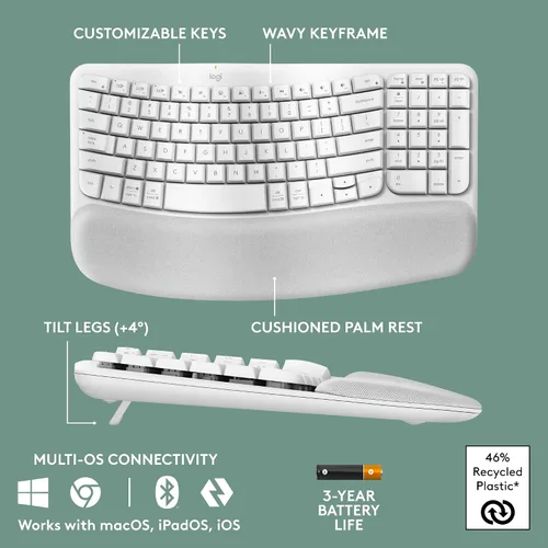 Miniatura 6 de Logitech Wave Keys - Teclado ergonómico inalámbrico con reposamanos acolchado para múltiples sistemas operativos + mouse Lift ergonómico vertical
