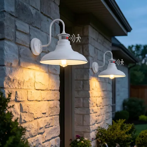 Paquete de 2 apliques de pared de cuello de ganso estilo granja, luces de granero, sensor de movimiento y del anochecer al amanecer, accesorios de