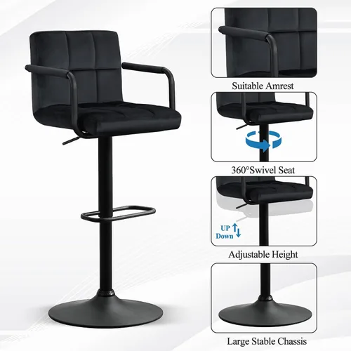 Miniatura 6 de Furniliving Taburetes de bar ajustables con respaldo, juego de 2 taburetes de bar negros, taburetes de bar de terciopelo con giro de 360°, taburetes