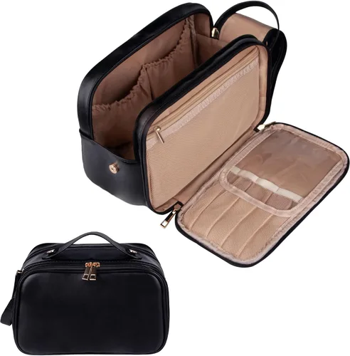 Neceser de aseo personal, organizador de artículos de aseo de viaje de piel sintética, doble cremallera, bolsa de cosméticos de viaje de gran Negro