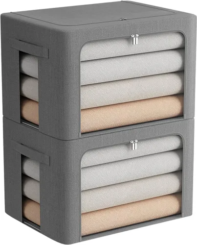 Miniatura 22 de FHSQX Paquete de 2 contenedores de almacenamiento de ropa apilables, caja de almacenamiento con marco de metal, organizador plegable de tela de lino