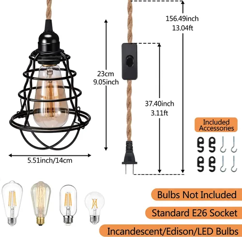 Miniatura 2 de Asnxcju Lámpara colgante industrial enchufable, luces colgantes vintage con cable de enchufe, lámpara colgante de jaula de metal con cuerda