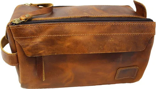 CHALLENGER Organizador de artículos de tocador de viaje para hombre, kit de afeitado, bolsa de cuero 18BT21, Cuero marrón