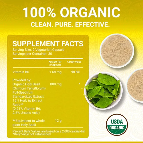 Miniatura 5 de True Veda Cápsulas de hoja de albahaca sagrada USDA Organic Suplemento de albahaca sagrada Tulsi Vitamina orgánica B6 Extracto de ácido