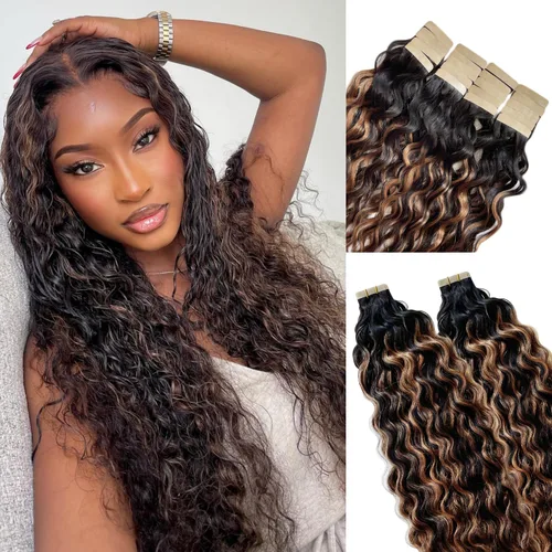 Miniatura 8 de Extensiones de cabello cosidas de cabello humano real, balayage de negro brillante a rubio dorado, paquete de extensiones de cabello humano