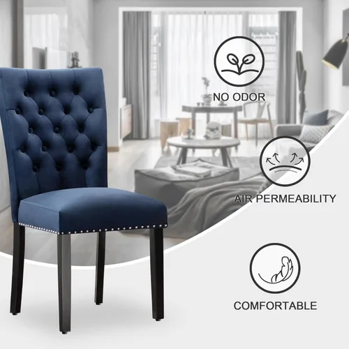 Miniatura 6 de Juego de 4 sillas de comedor de cocina de terciopelo, silla de comedor tapizada Parsons, silla decorativa de madera con ribete clavado, azul