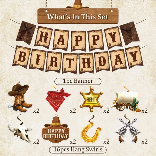Miniatura 2 de Decoraciones de fiesta de vaquero, decoraciones de fiesta temática de vaquero incluyen pancartas de feliz cumpleaños de vaquero occidental