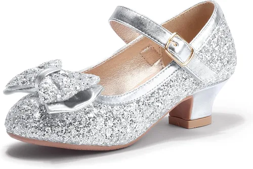 Miniatura 88 de PANDANINJIA Vestido de jada para niñas y niños pequeños, zapatos de princesa Mary Jane con tacones con lazo para fiesta, boda, boda
