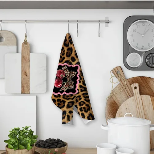 Miniatura 5 de Juego de 2 toallas de cocina retro con lazo de leopardo, decoración de baño femenina de leopardo, toallas de mano con estampado de guepardo