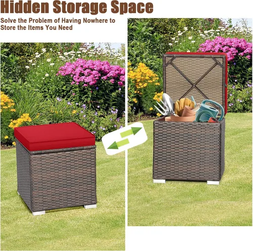 Miniatura 5 de RELAX4LIFE Otomana de mimbre para almacenamiento al aire libre, reposapiés de ratán de 2 piezas con cojín extraíble, reposapiés multiusos, mesa Rojo