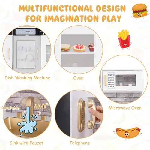 Miniatura 4 de Costzon Juego de Cocina para Niños, Set Grande de Juguete de Cocina de Chef de Madera con Sonidos y Luces Reales, Microondas, Pizarra, Horno, Blanco
