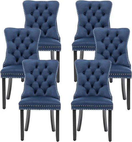 Miniatura 18 de Juego de 6 sillas de comedor de cuero, sillas de comedor tapizadas con ribete de cabeza de clavo y patas de madera maciza, silla auxiliar de comedor