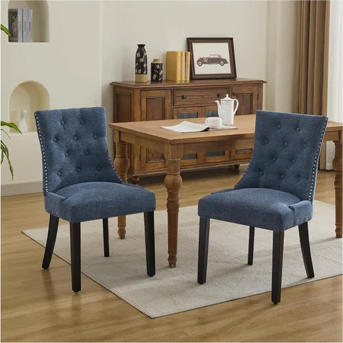 Miniatura 8 de Juego de 4 sillas de comedor tapizadas copetudas, sillas laterales de tela para comedor con cabeza de clavo en la parte trasera y patas de madera