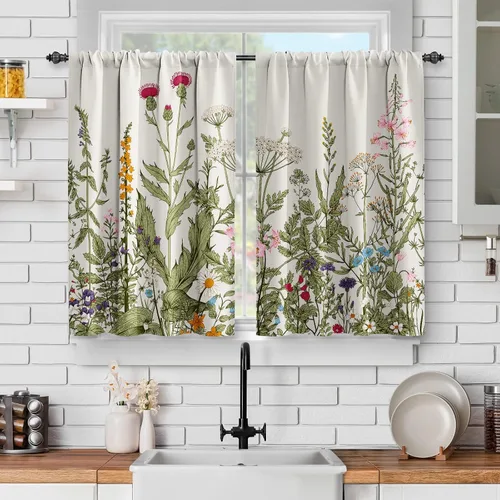 Jekeno Cortinas de Cocina Florales de Plantas Verdes - Cortinas Cortas de Flores de Primavera Mariposa Botánica Decoración de Flores Silvestres