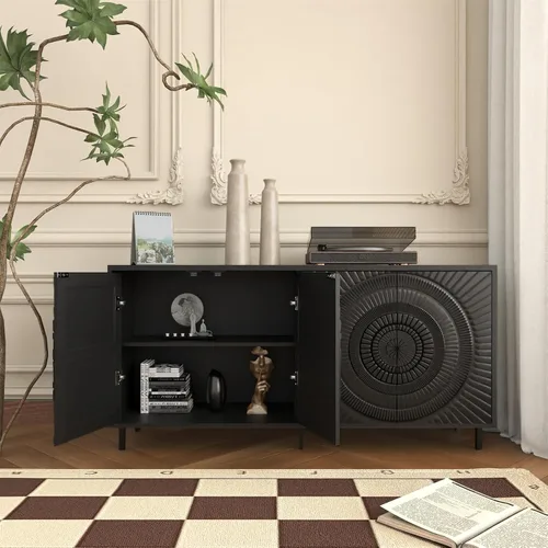 Miniatura 5 de LKTART Armario de almacenamiento de bufé de 59.06 pulgadas para comedor, consola de puerta de flores talladas, resorte prensado de 4 puertas