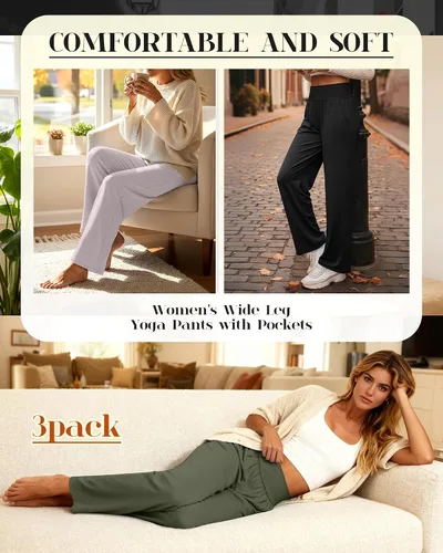 Miniatura 70 de Neer - Conjunto de 3 pantalones de yoga de pierna ancha para mujer - Pantalones deportivos cómodos, holgados, de cintura alta y casuales