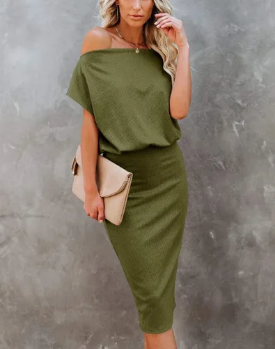 Miniatura 2 de Ezbelle Vestido por debajo de la rodilla, ajustado, para mujer, con hombro descubierto y manga corta, vestido acanalado informal y de fiesta