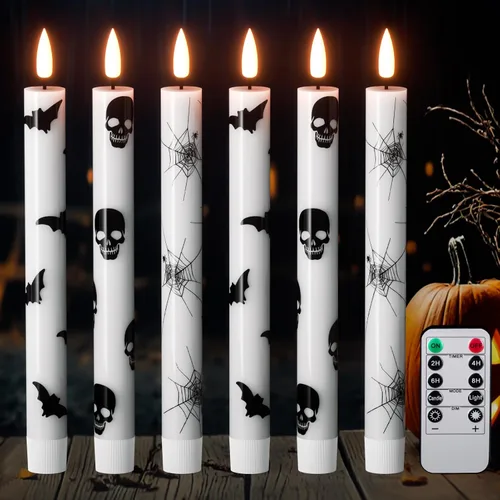 Miniatura 10 de GenSwin Velas cónicas sin llama de Halloween en negro con candelabros de mano de fantasma y temporizador remoto, 2 piezas de velas cónicas operadas