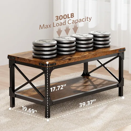 Miniatura 2 de Mesa de café rectangular para sala de estar, mesa de café rectangular de madera, mesa central industrial moderna de 2 niveles con tablero engrosado