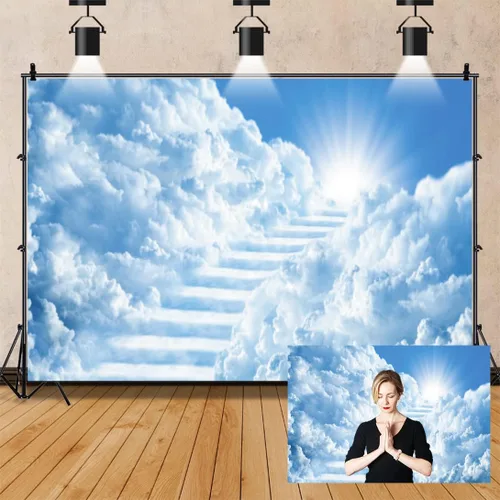 Telones de fondo de cielo de 5 x 3 pies para fotografía, escalera al cielo, puerta del paraíso, luz del sol, cielo nubes, fondo, baby shower,