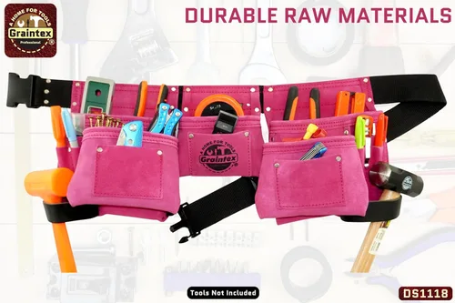 Miniatura 3 de Graintex DS1118 Cinturón de herramientas rosa de 8 bolsillos en cuero de gamuza con cinturón de 2 pulgadas, 2 bucles de cuero para martillo