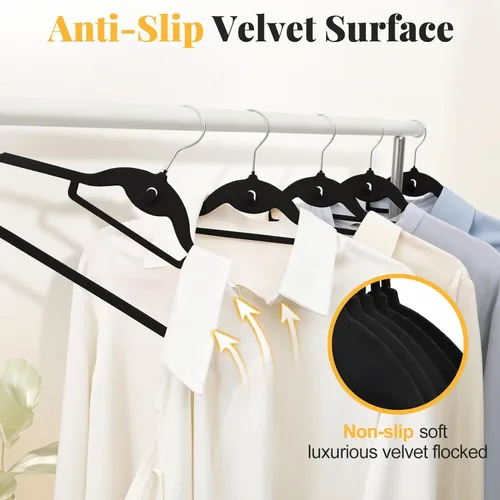 Miniatura 7 de Perchas de Terciopelo Negro Paquete de 50, en Forma de S y Apilables de Fieltro Antideslizantes con Gancho Giratorio de 360°, Perchas Flocadas Ultra