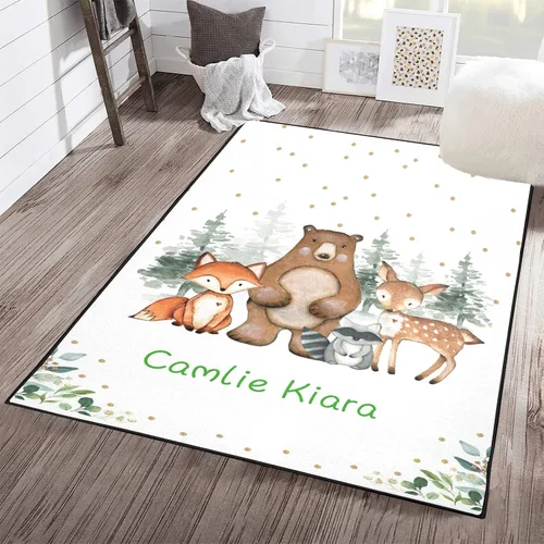 Miniatura 2 de Woodland Bear Fox Deer - Alfombra personalizada de fibra de poliéster antideslizante para decoración del hogar, alfombra personalizada