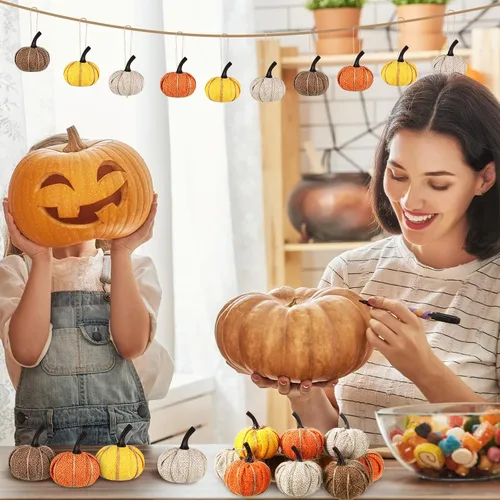 Miniatura 2 de Kajaia 12 piezas de mini adornos colgantes de calabaza de otoño de Acción de Gracias para árbol de 2.05 pulgadas, tela de arpillera, calabaza