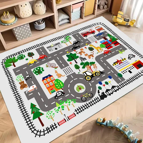Miniatura 16 de Tapete de juego de automóvil para niños, alfombra para sala de juegos, alfombra de tráfico de ciudad, alfombra de juego para piso, alfombra de juego