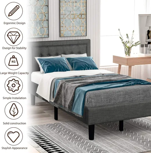 Miniatura 4 de Anwick Cama de plataforma tapizada con botones y soporte de listones de madera resistente (individual, gris)
