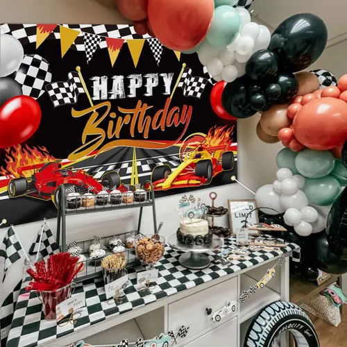 Miniatura 6 de Telón de fondo de cumpleaños de coche de carreras, decoración de fiesta de cumpleaños, suministros de fiesta de carreras, auto de carreras, cartel
