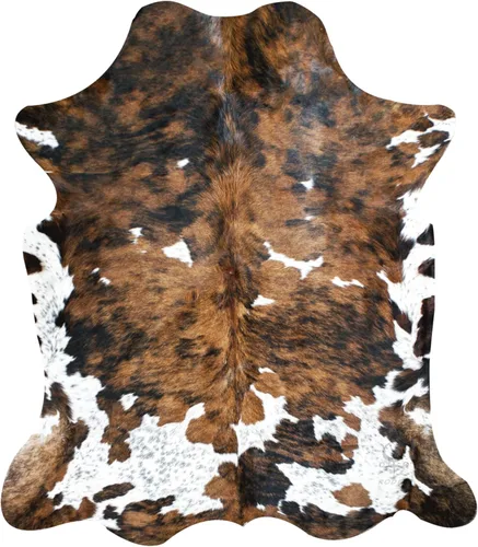 Alfombra de piel de vaca tricolor genuina, tamaño grande de 8 x 10 pies (alfombra de aproximadamente 6 x 7 pies), vibrante y única, ecológica,