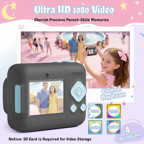 Miniatura 4 de Cámara para niños, cámara de impresión digital instantánea de 1080P para niños, regalos de Navidad y cumpleaños para niñas y niños de 4, 5, 6, 7, 8