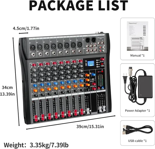 Miniatura 8 de Depusheng Mezclador de audio profesional de 8 canales, tablero de sonido DX8, interfaz de sistema de consola de mezcla de DJ, entrada USB MP3