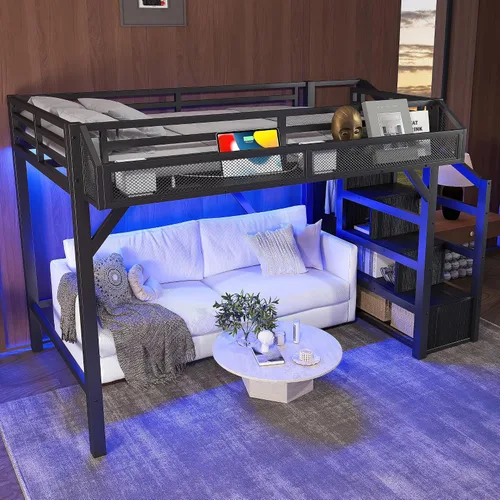 Miniatura 19 de Bellemave Cama tipo loft de metal de tamaño matrimonial con escritorio en forma de L, marco de cama tipo loft con luz LED, estación de carga